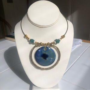 Vintage necklace statement piece, gold with blue round stone centerpiece